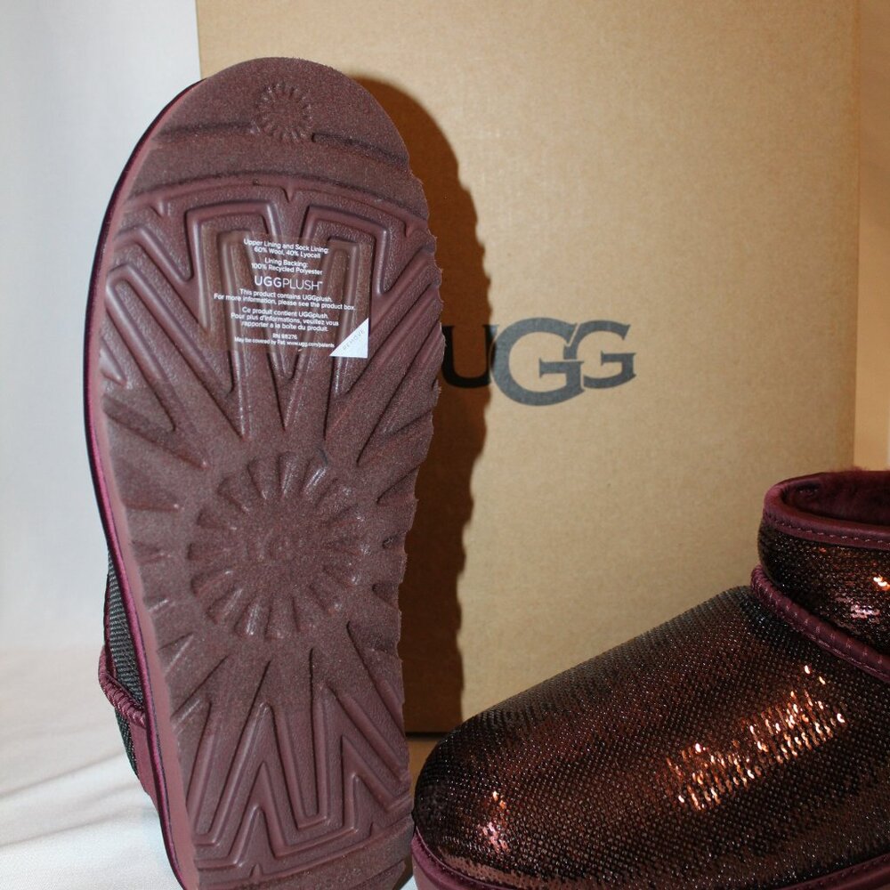 NIB UGG ULTRA MINI BURGUNDY‎ SEQUIN SHEARLING LINED ANKLE BOOTS - Picture 8 of 8